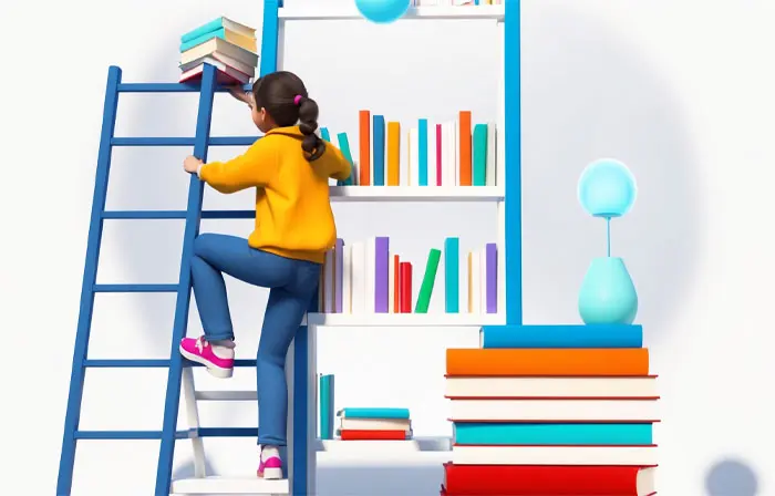 Girl Reaching for Books on Ladder 3D Illustration image